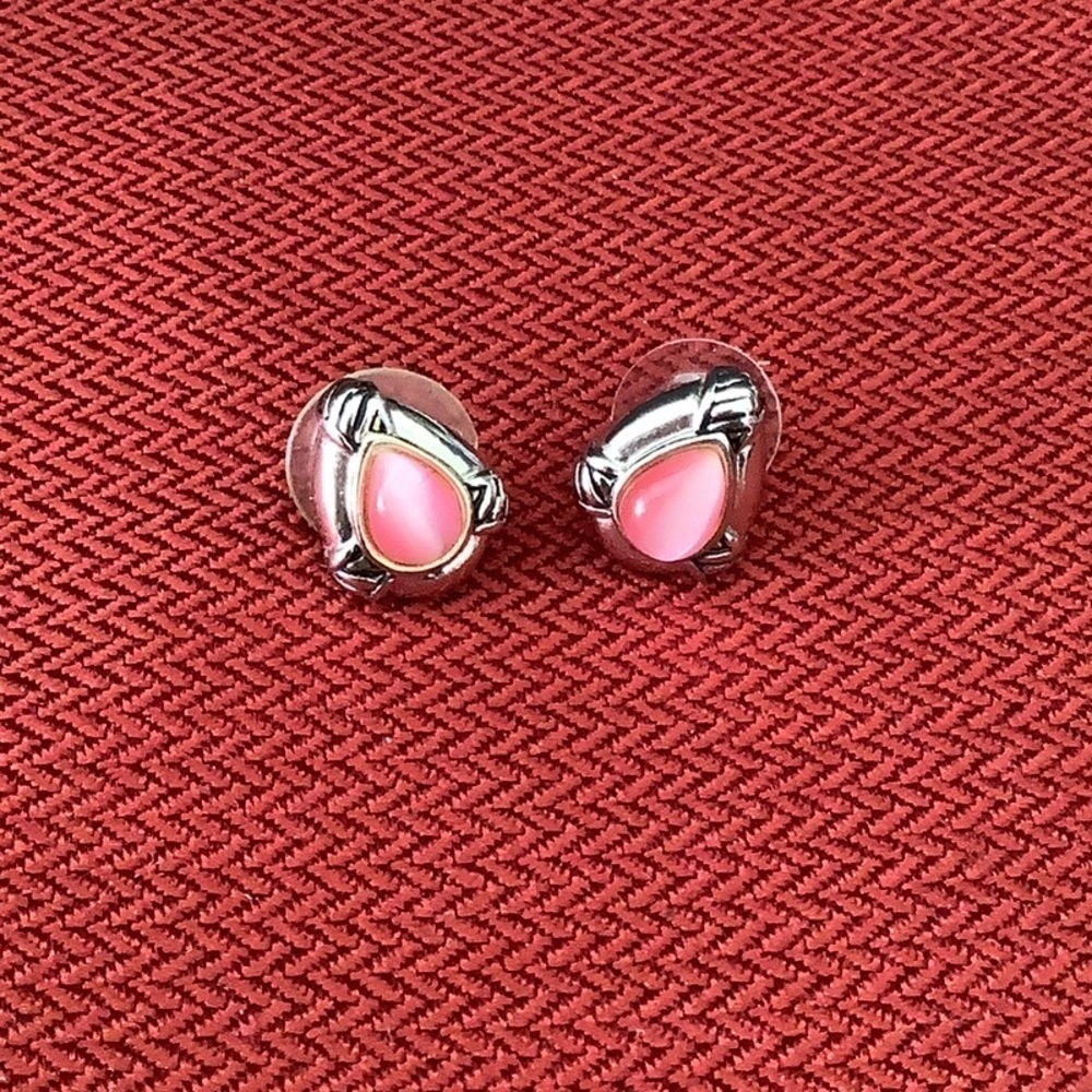 Pink cabochon earrings pierced Silvertone custom jewelry - Picture 2 of 4